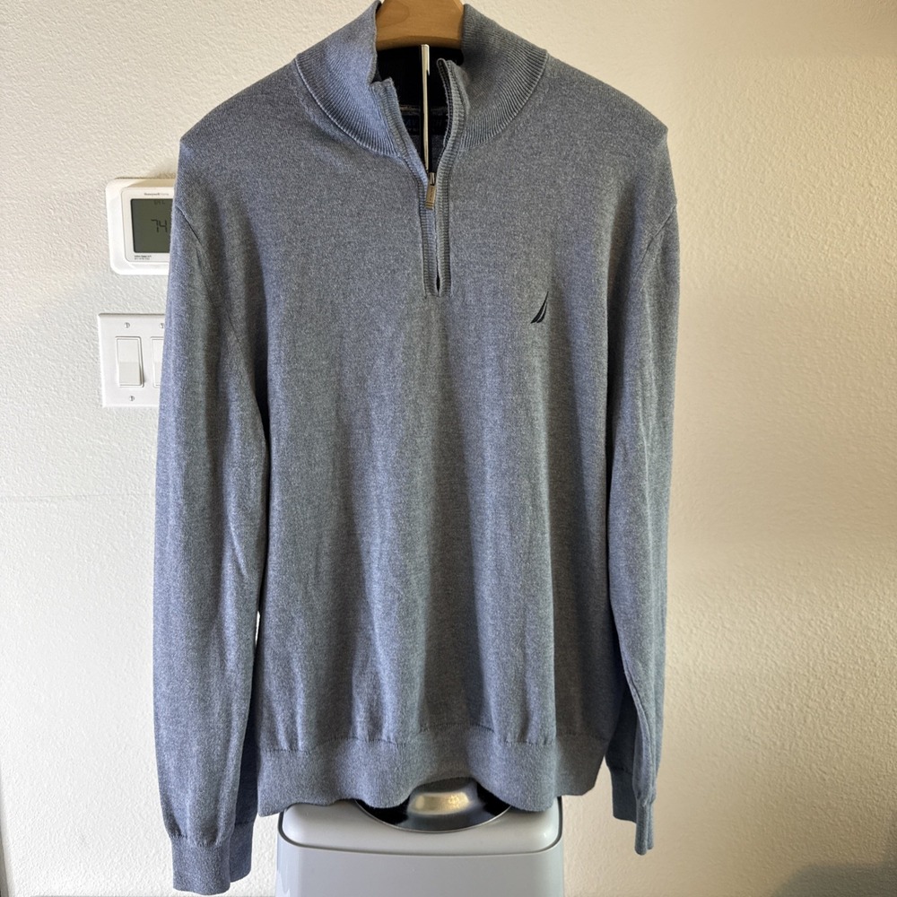 Nautica Sweater Men's Blue Quarter Zip Mock Neck Pullover Knit Sweatshirt Size L